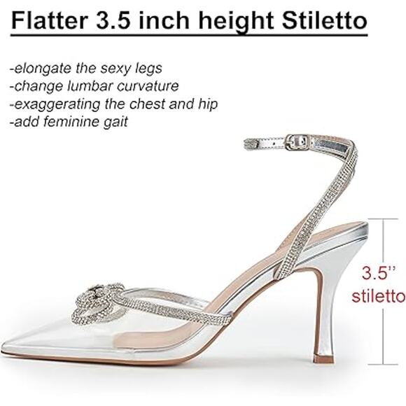 Ainrock Womens Size 8.5 SIlver Rhinestone Clear Strap Bow Wedding 3.5" Heels - Picture 2 of 6
